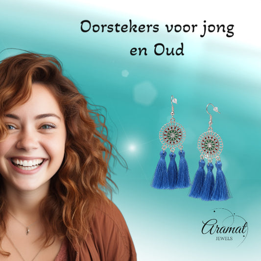 Blauwe bohemian oorhangers met 3 kwastjes, roestvrij staal, 75mm, handgemaakte statement oorbellen zomer