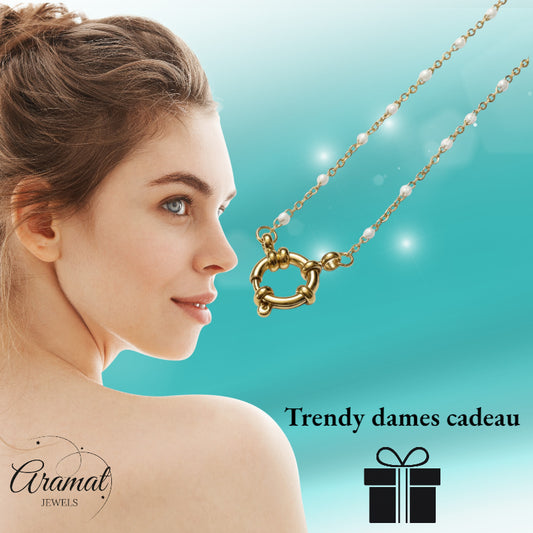 Collier pour femme en acier avec boules en émail blanc