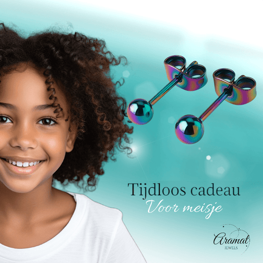 Regenboogkleurige bolletjes oorstuds 4 mm - oor4141 - Oorbellen kopen# - 4mm - alles - bolletjes