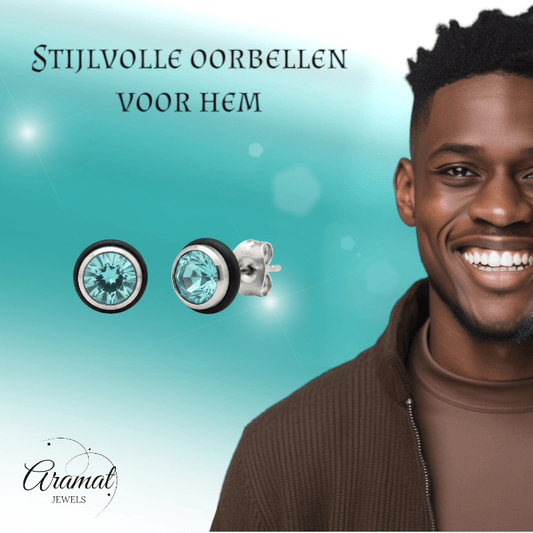 Ronde Stalen Oorbellen met Lichtblauwe Zirkonia - Aramat Jewels - Oorbellen - cadeautip