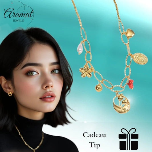 RVS Goudkleurige bedelketting – parel & natuursteen - ket1159 - 769524 - Halskettingen kopen# - 45cm - alles - Bedelketting