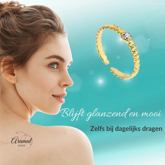 Stalen Damesring - Steentje & Streepjesmotief - Verstelbaar - 4mm - RVS - ring362 - 104806 - Ringen kopen# - Goudkleur - alles - boho