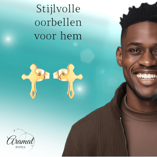 Stalen Hartjes Oorbellen met kruisje β Goudkleur β 11x7mm - Aramat Jewels - Oorbellen - cadeautip