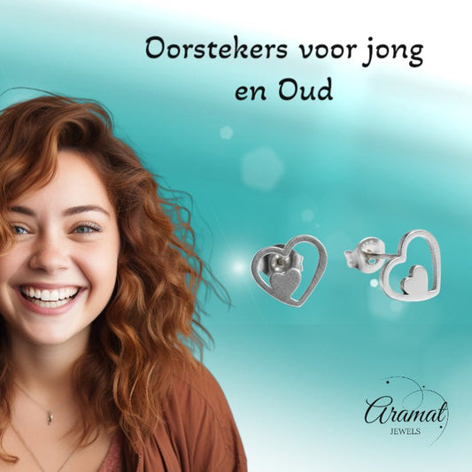RVS hartjes oorstekers zilver 9mm, roestvrij staal oorbellen met dubbel hartje design, cadeau voor vrouwen en meisjes