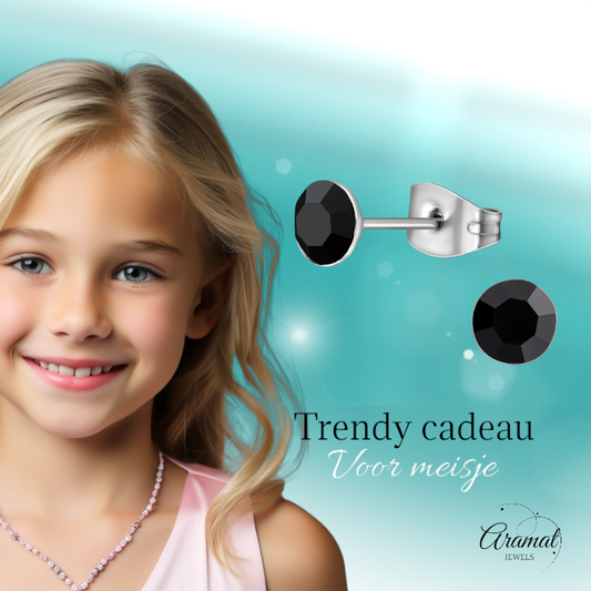 Boucles d'oreilles en acier et cristal avec pierre noire – Couleur argent – 5 mm