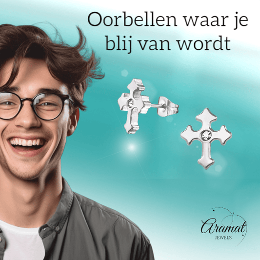 Stalen Oorbellen met kruisje met klein steentje – Zilverkleur – 12x10mm - oor3343 - 30176 - Oorbellen kopen# - 12mm - alles - cadeau