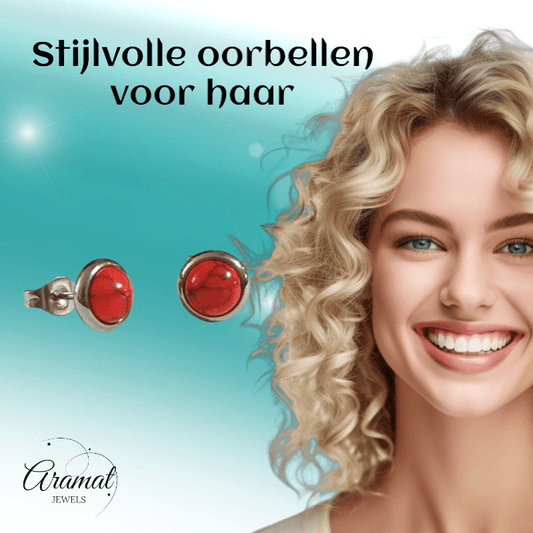 Stalen oorbellen rood gemarmerd 8mm zilverkleur - oor3069 - Oorbellen kopen# - 8mm - alles - cadeau