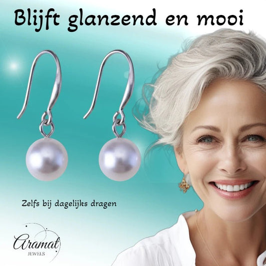 Stalen Oorhangers witte parel 8mm - Aramat Jewels - Oorhangers - cadeautip