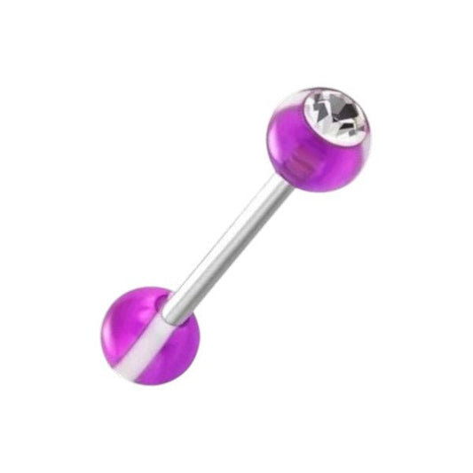 Aramat Jewels steel tongue piercing with purple acrylic balls and a clear crystal accent.