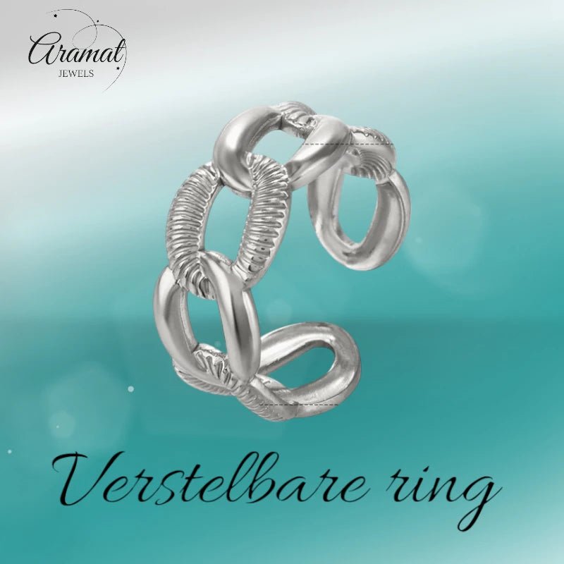 Verstelbare Open Schakelring – Gladde & Gestreepte Schakels – One Size - Aramat Jewels - Ringen - cadeautip
