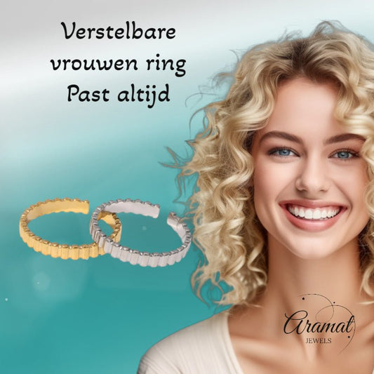 Verstelbare RVS Ring met Blokjes Motief - 3mm Breed - Aramat Jewels - Ringen - cadeautip