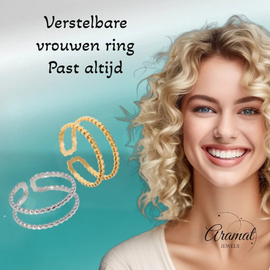 Verstelbare RVS Ring met Dubbele Bolletjeslijn (7 mm) - Aramat Jewels - Ringen - cadeautip