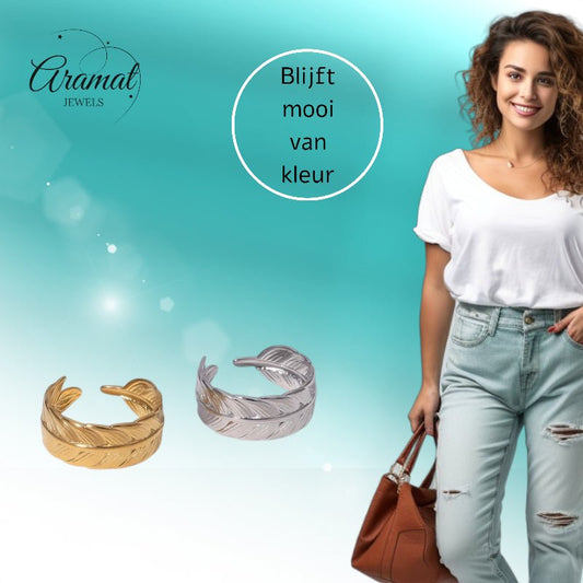 Verstelbare RVS Ring met Veertje Motief - Goudkleur of Zilver (8 mm) - Aramat Jewels - Ringen - cadeautip
