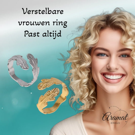 Verstelbare RVS Ring met Verfijnd Veer - Ontwerp (17 mm) - Aramat Jewels - Ringen - cadeautip