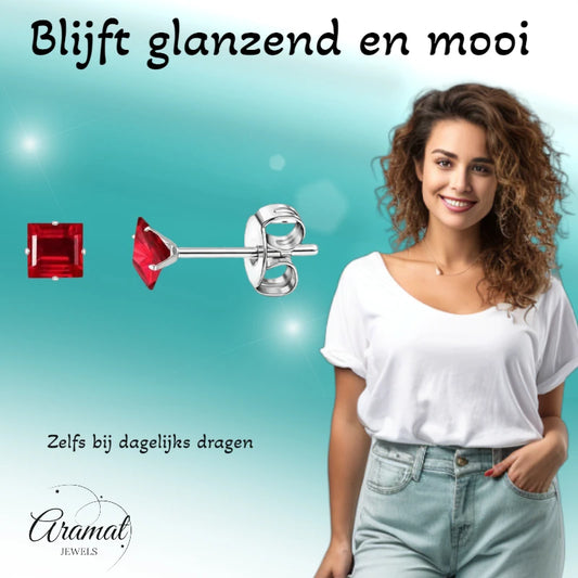 Boucles d'oreilles – Acier inoxydable couleur argent avec zircon rouge carré (4 mm)