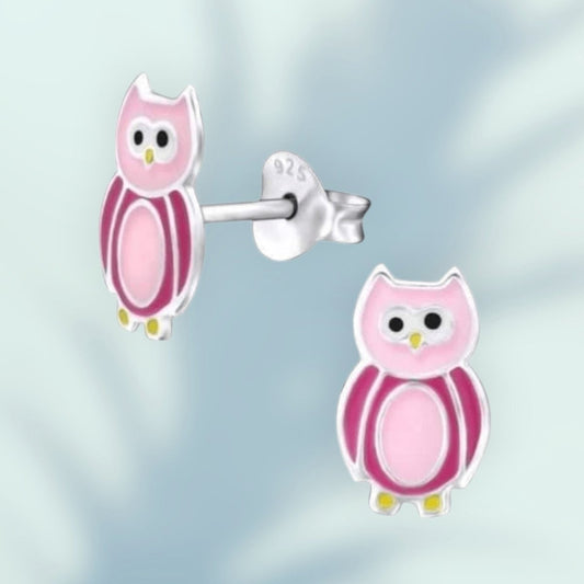 Aramat Jewels pink and silver enamel owl stud earrings for children, 10x6mm.