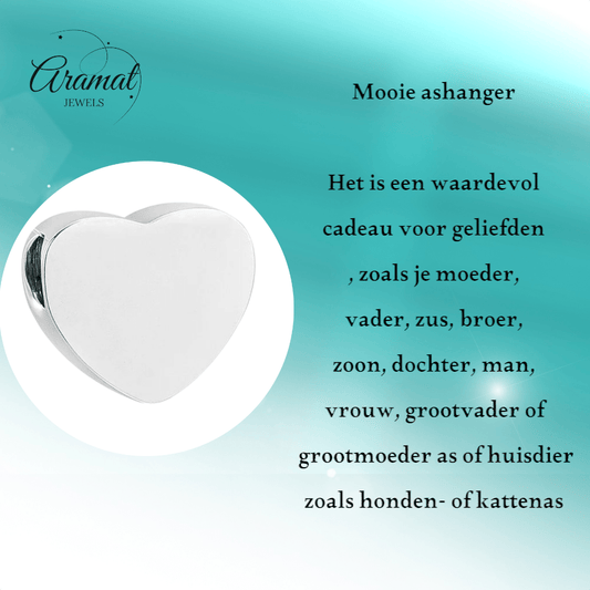 Zilverkleurige asbedel hart – roestvrij staal 13mm - Aramat Jewels - Asbedels - cadeautip