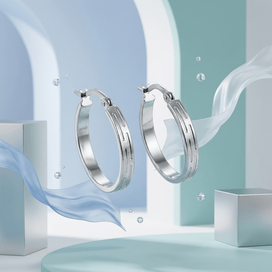 Zilverkleurige RVS Oorringen met Streepjes Motief - 20 mm - Aramat Jewels - Oorringen - cadeautip