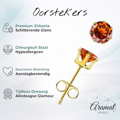 Goudkleurige RVS Oorstekers Geboortesteen Juli - Roodoranje Zirkonia
