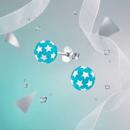 925 Sterling Zilveren Bolletjes Oorknopjes Blauw met Witte Sterretjes 6mm - Aramat Jewels - Oorbellen - cadeautip