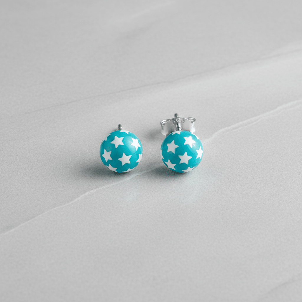 925 Sterling Zilveren Bolletjes Oorknopjes Blauw met Witte Sterretjes 6mm - Aramat Jewels - Oorbellen - cadeautip