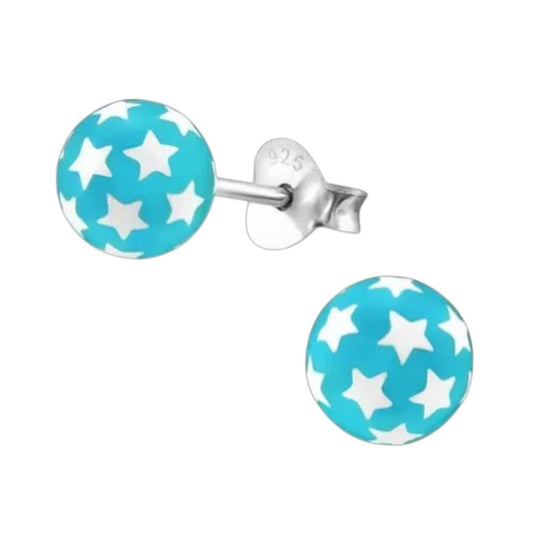 925 Sterling Zilveren Bolletjes Oorknopjes Blauw met Witte Sterretjes 6mm - Aramat Jewels - Oorbellen - cadeautip