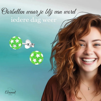 925 Sterling Zilveren Bolletjes Oorknopjes Groen met Witte Sterretjes 6mm - Aramat Jewels - Oorbellen - cadeautip