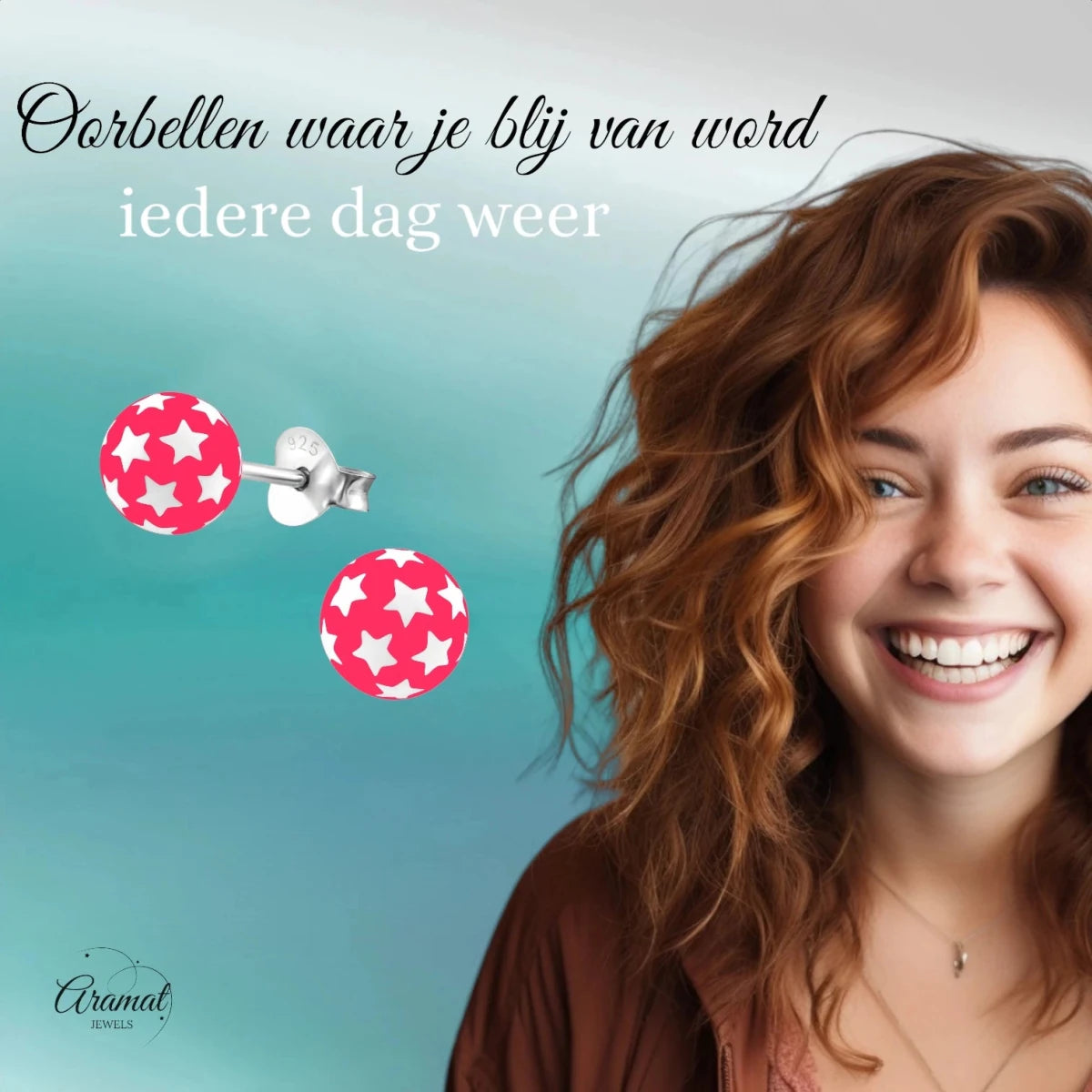 925 Sterling Zilveren Bolletjes Oorknopjes Roze met Witte Sterretjes 6mm - Aramat Jewels - Oorbellen - cadeautip