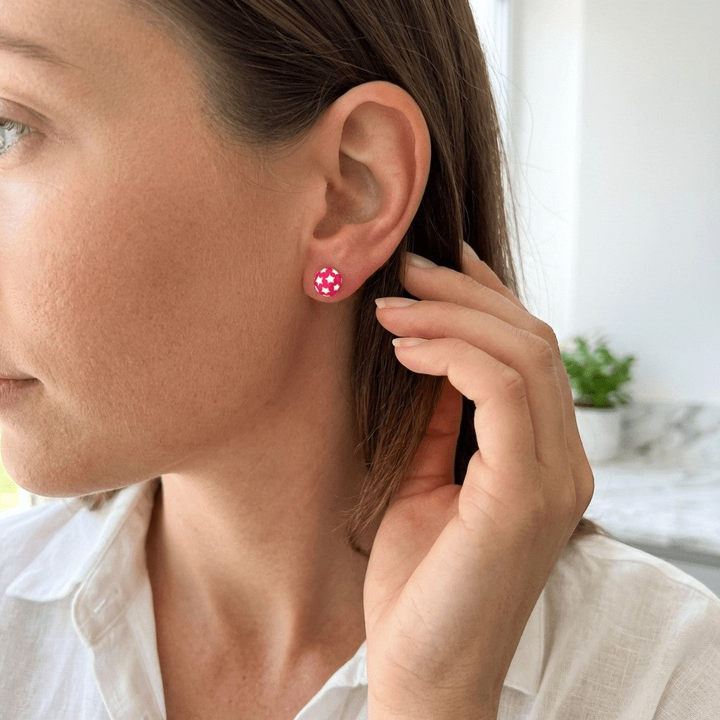 925 Sterling Zilveren Bolletjes Oorknopjes Roze met Witte Sterretjes 6mm - Aramat Jewels - Oorbellen - cadeautip