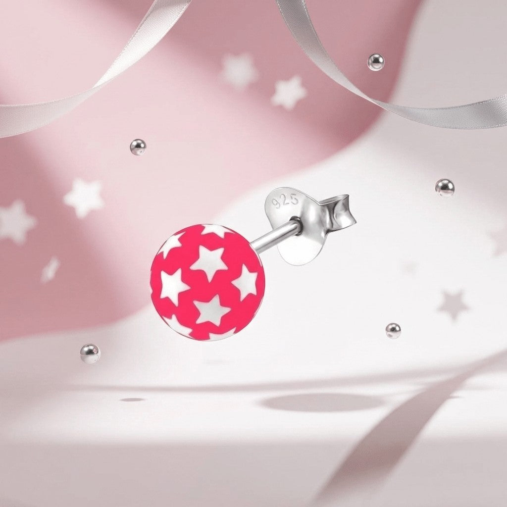 925 Sterling Zilveren Bolletjes Oorknopjes Roze met Witte Sterretjes 6mm - Aramat Jewels - Oorbellen - cadeautip