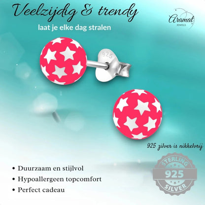 925 Sterling Zilveren Bolletjes Oorknopjes Roze met Witte Sterretjes 6mm - Aramat Jewels - Oorbellen - cadeautip