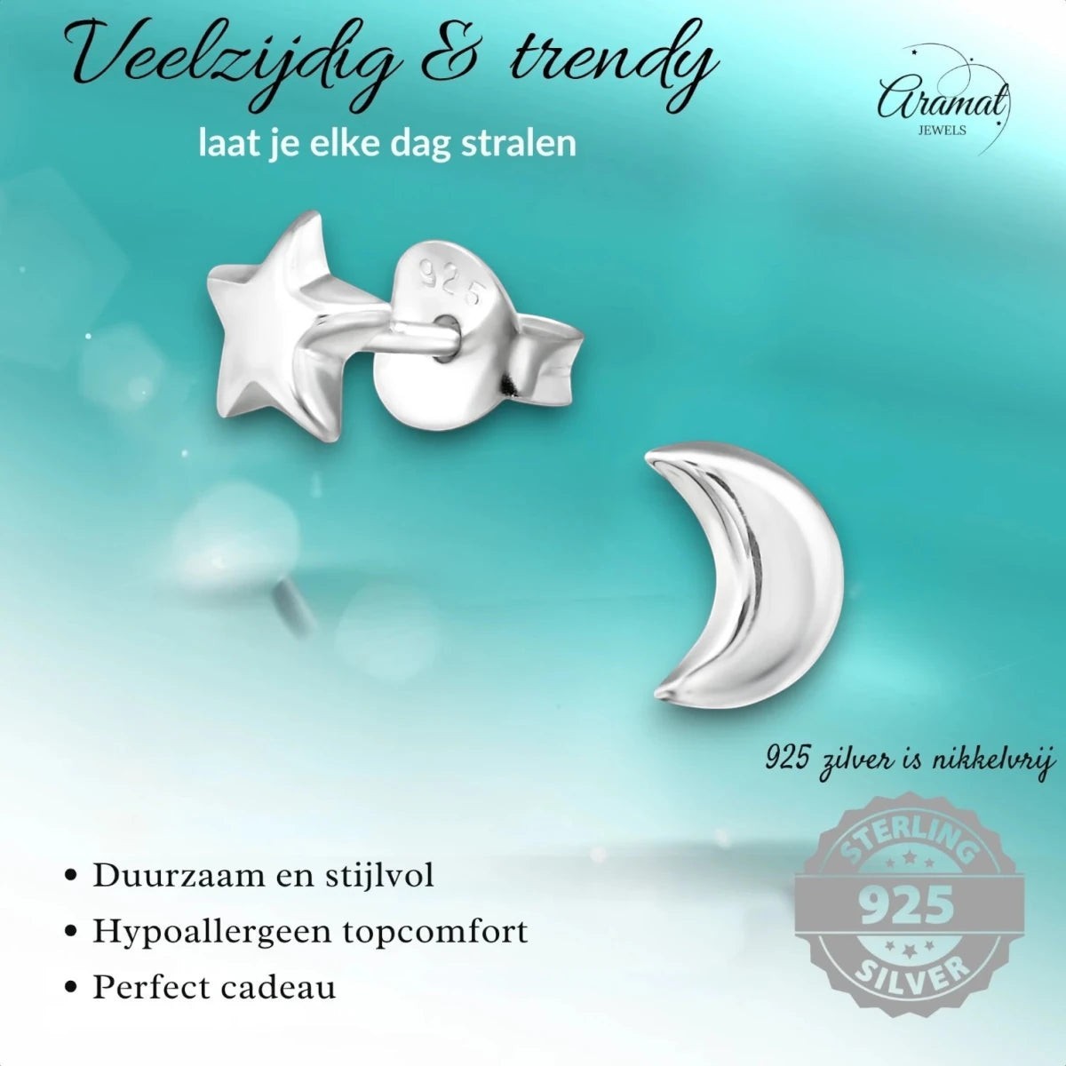 925 Sterling Zilveren Ster en Maan Oorknopjes 6x5mm - Aramat Jewels - Oorbellen - cadeautip