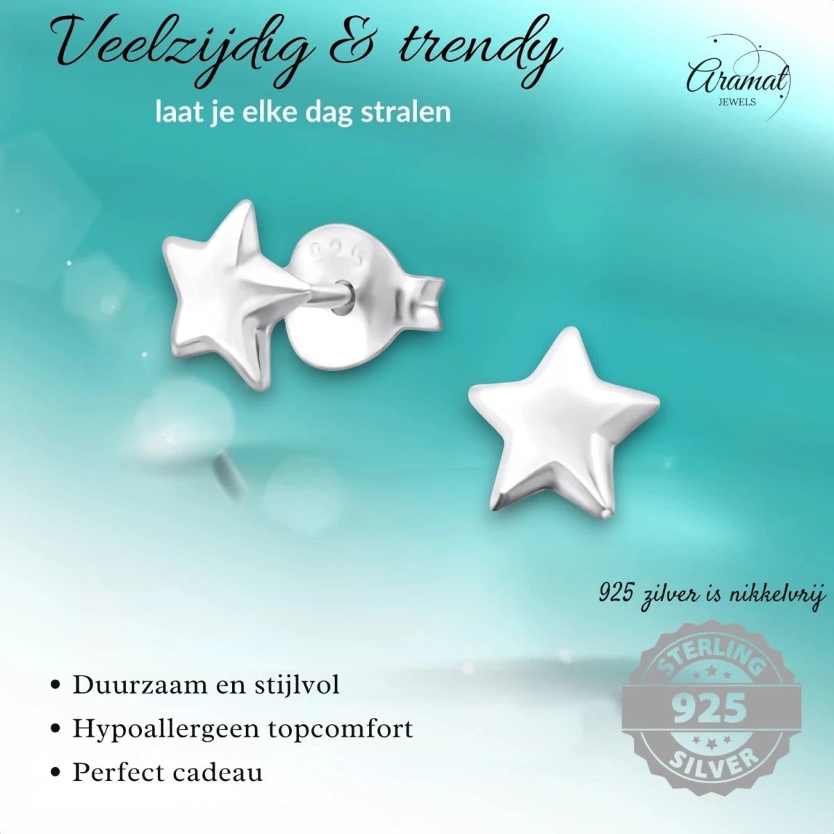 925 Sterling Zilveren Sterretjes Oorknopjes 6mm - Aramat Jewels - Oorbellen - cadeautip