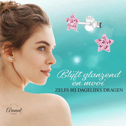 925 Sterling Zilveren Sterretjes Oorknopjes met Roze Kristal 5mm - Aramat Jewels - Oorbellen - cadeautip