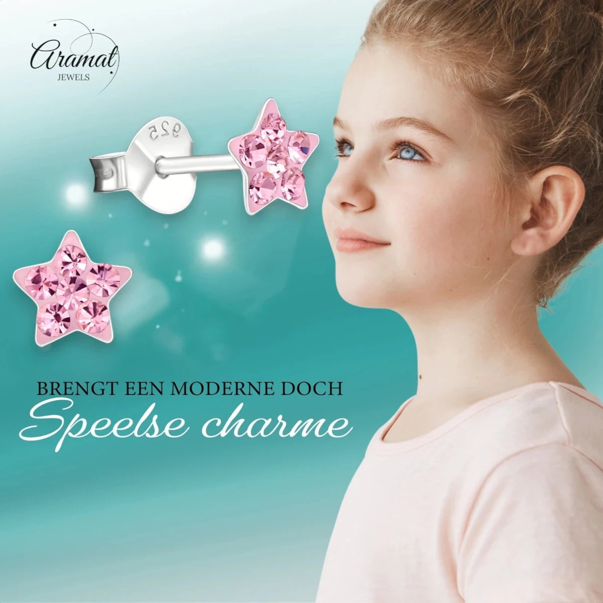 925 Sterling Zilveren Sterretjes Oorknopjes met Roze Kristal 5mm - Aramat Jewels - Oorbellen - cadeautip
