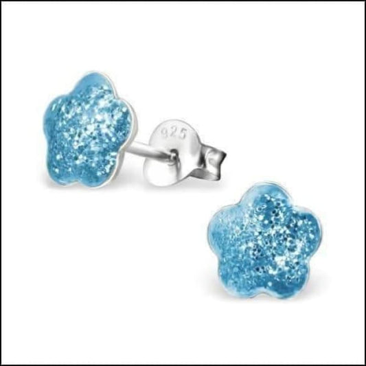 925 Zilveren Kinderoorbellen Blauwe Glitter Bloem 8mm - Aramat Jewels - RVS Sieraden - Oorbellen - cadeautip