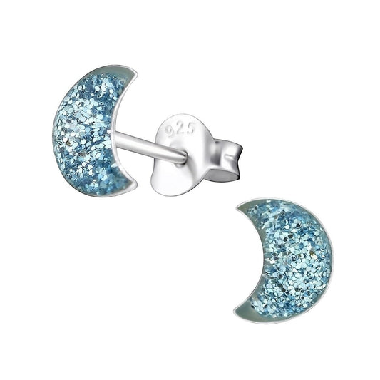 925 Zilveren Kinderoorbellen Blauwe Glitter Maan 6x3mm - Aramat Jewels - RVS Sieraden - Oorbellen - cadeautip