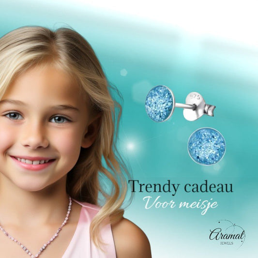 925 Zilveren Kinderoorbellen Blauwe Glitter Rond 5mm - Aramat Jewels - Oorbellen - cadeautip
