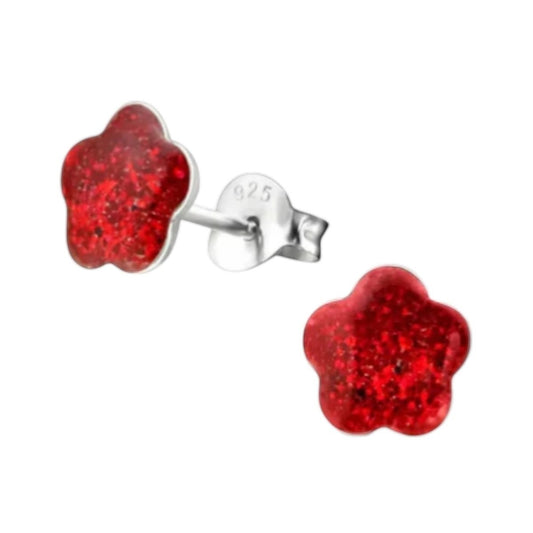 925 Zilveren Kinderoorbellen Rode Glitter Bloem 8mm - Aramat Jewels - RVS Sieraden - Oorbellen - cadeautip