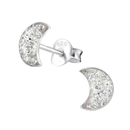 925 Zilveren Kinderoorbellen Transparante Glitter Maan 6x3mm - Aramat Jewels - RVS Sieraden - Oorbellen - cadeautip