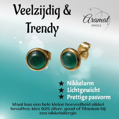 Kattenoog Oorbellen 8mm – Groen - Goudkleurig