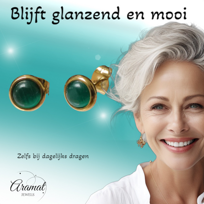 Kattenoog Oorbellen 8mm – Groen - Goudkleurig