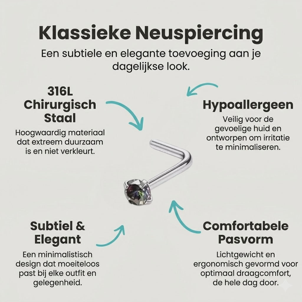 Stalen Neuspiercing Vierkante Zirkonia 2mm – L-Staafje Meerdere Kleuren