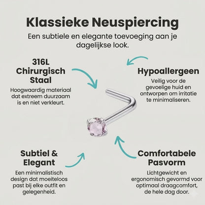 Stalen Neuspiercing Ronde Zirkonia 2mm – L-Staafje Meerdere Kleuren