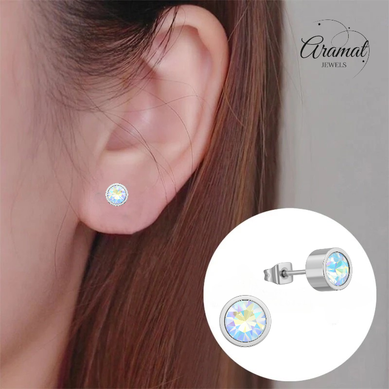 Boucles d'oreilles puces en cristal multicolore AB – 6 mm en acier inoxydable argenté