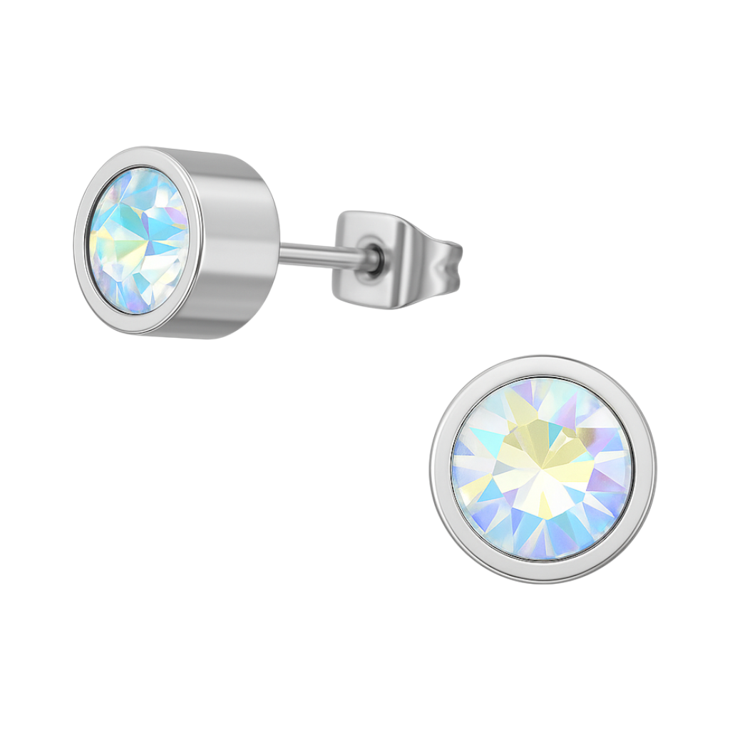 Boucles d'oreilles puces en cristal multicolore AB – 6 mm en acier inoxydable argenté