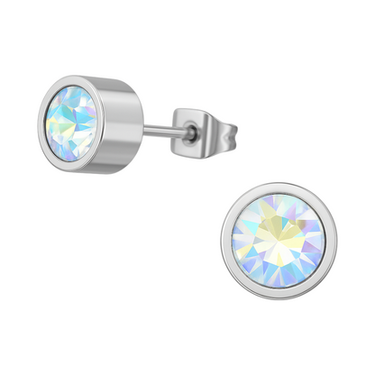 Boucles d'oreilles puces en cristal multicolore AB – 6 mm en acier inoxydable argenté