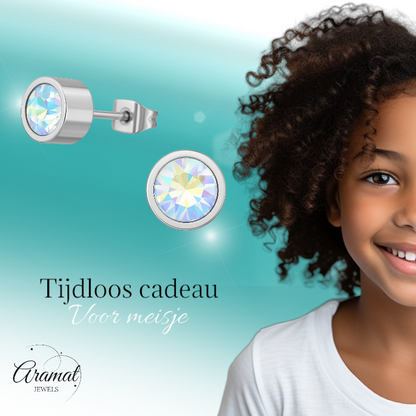 Boucles d'oreilles puces en cristal multicolore AB – 6 mm en acier inoxydable argenté