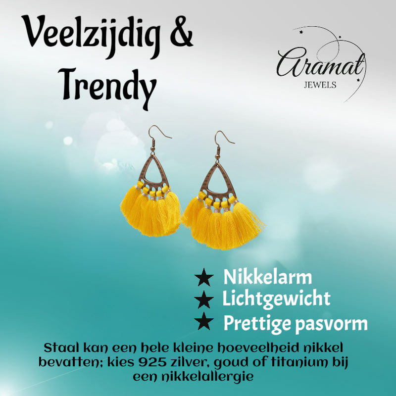 Boho Oorhangers met Kwastjes Geel 55x30mm