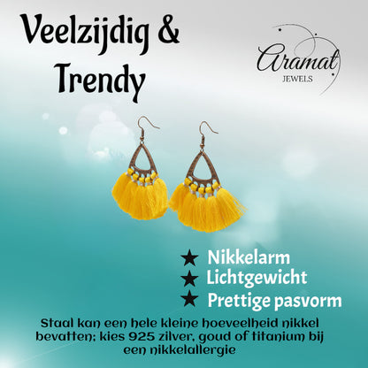 Boho Oorhangers met Kwastjes Geel 55x30mm
